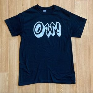 Black “Ow!” Tee, medium unisex, injury prone, chronic pain shirt